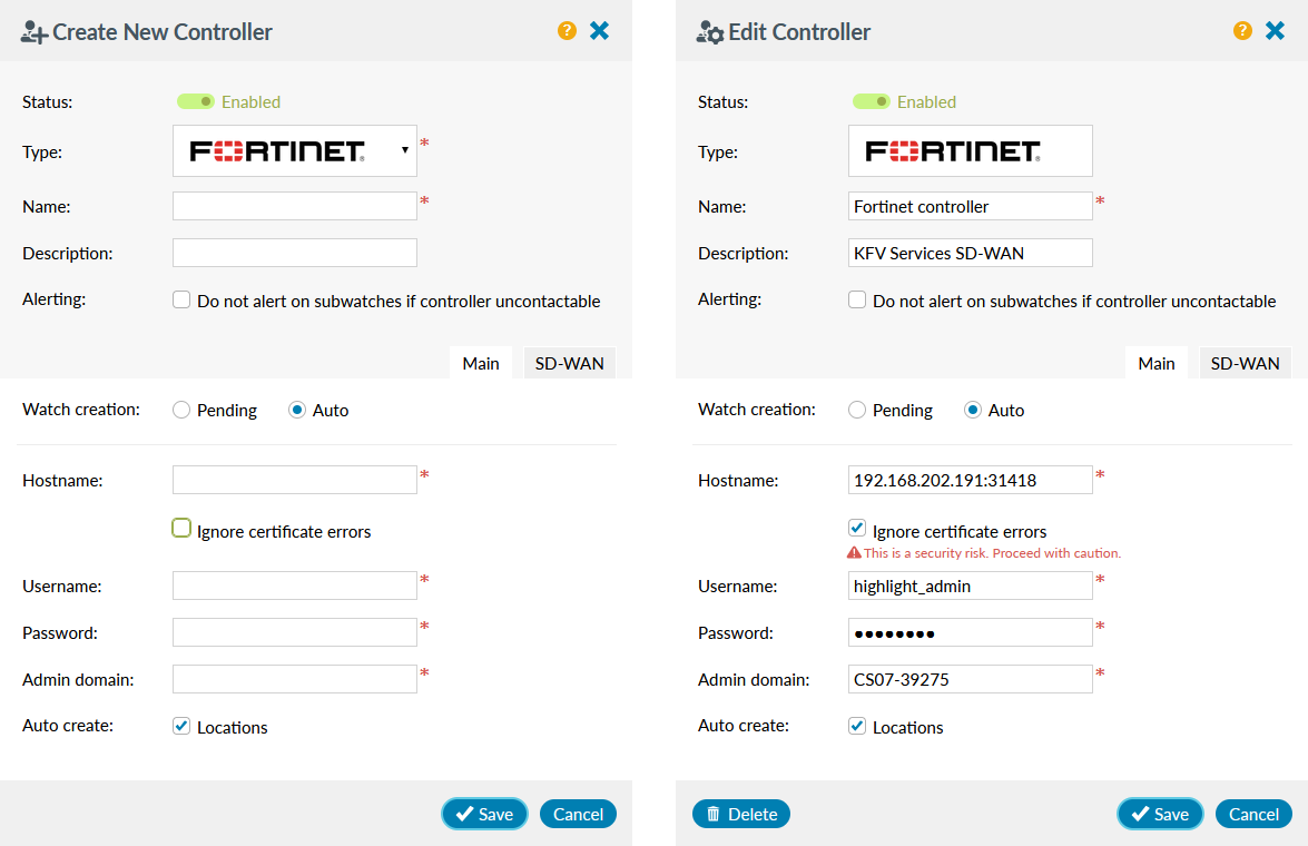 SD-WAN create or edit Fortinet controller panel