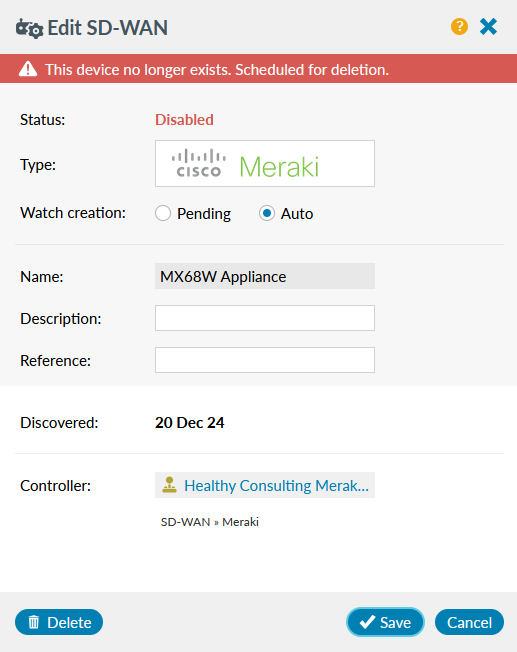 SD-WAN edit device panel - Device no longer exists